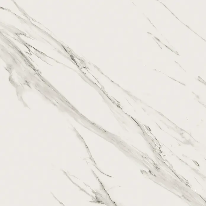 Feinsteinzeugfliese Calaccata Mistari - 59,8 x 119,8 cm, Weiß, Seidenmatt - Nahaufnahme einer Marmorfliese mit eleganten grauen Adern, die ein luxuriöses und modernes Design bietet. Perfekt für stilvolle Innenräume.