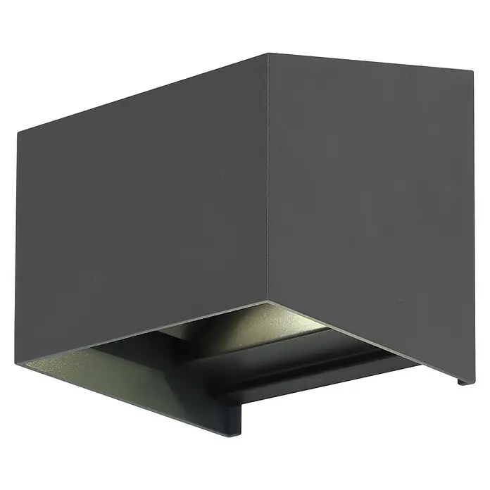 BAUHAUS LED-Solar-Außenwandleuchte Umea - 1,8 W, Aluminium, Warmweiß, Anthrazit - Nahaufnahme einer modernen, grauen Würfel-Wandleuchte, die ein warmes, nach unten gerichtetes Licht ausstrahlt.