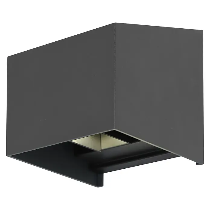 BAUHAUS LED-Solar-Außenwandleuchte Umea - 1,8 W, Aluminium, Warmweiß, Anthrazit - Nahaufnahme einer modernen, würfelförmigen Wandleuchte in Anthrazit, die nach unten gerichtetes Licht spendet. Ideal für stilvolle Innenräume.