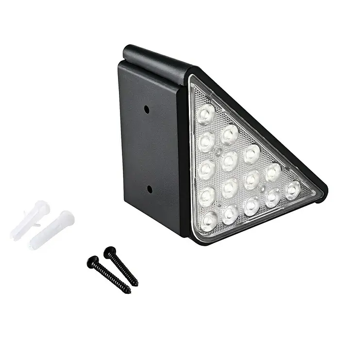 BAUHAUS Solarleuchten-Set Treppenlicht - L x B x H: 9 cm x 9 cm x 4,8 m, Schwarz, IP54, 8 lm - Nahaufnahme einer dreieckigen LED-Wandleuchte mit Schrauben und Dübeln zur Montage, ideal für den Außenbereich.