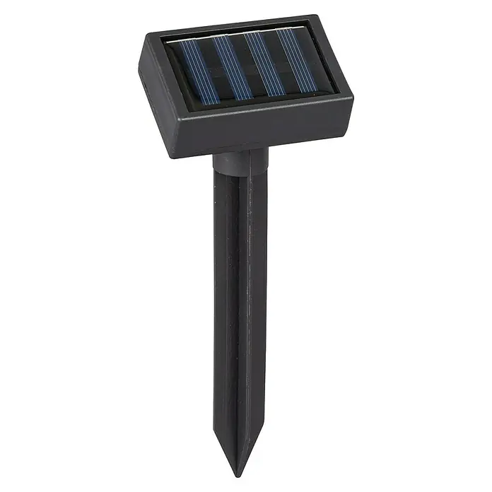 BAUHAUS Solar-Lichterkette Lampion - 1,2 W, Weiß, IP44 - Abbildung einer grauen Solarleuchte mit Erdspieß. Die Lampe verfügt über ein integriertes Solarpanel zur umweltfreundlichen Beleuchtung von Gärten und Wegen.