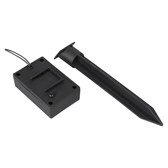 BAUHAUS Solar-Lichterkette Lampion - 1,2 W, Weiß, IP44 - Bild eines schwarzen Solarpanel-Gehäuses und eines Erdspießes für Gartenbeleuchtung, ideal für den Außenbereich.