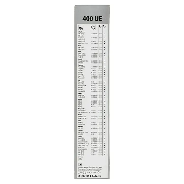 Bosch Scheibenwischer ECO - Länge: 400 mm, Naturmaterialien, 400 UE - Produktinformationen: Die Tabelle zeigt die Kompatibilität des 400 UE Scheibenwischers mit verschiedenen Fahrzeugmodellen.