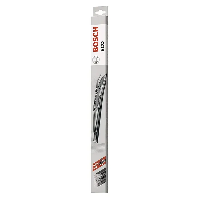 Bosch Scheibenwischer ECO - Länge: 550 mm, Naturmaterialien, 550 UE - Produktbild einer Bosch Eco Scheibenwischer Verpackung mit rotem Logo und Abbildung des Scheibenwischers.