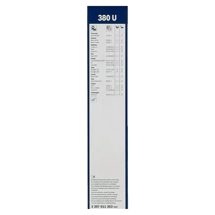 Bosch Scheibenwischer TWIN - Länge: 380 mm, Metall, 380 U - Produktbild: Tabelle mit Fahrzeuganwendungen für den 380U-Scheibenwischer, detaillierte Kompatibilitätsinformationen im Katalog.