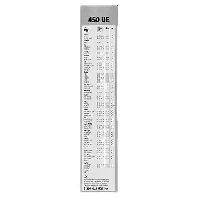 Bosch Scheibenwischer ECO - Länge: 450 mm, Naturmaterialien, 450 UE - Produktinformationen für 450 UE Scheibenwischer: Automodelle, Baujahre & Größen. Komplettübersicht für optimale Sicht.