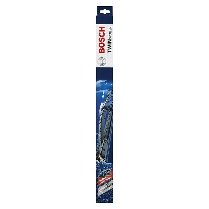 Bosch Scheibenwischer TWIN - Länge: 530 mm, Metall, 530 US - Produktabbildung: Bosch Twin Spoiler Scheibenwischer für klare Sicht. Langlebige Wischerblätter mit Spoiler für optimale Leistung.