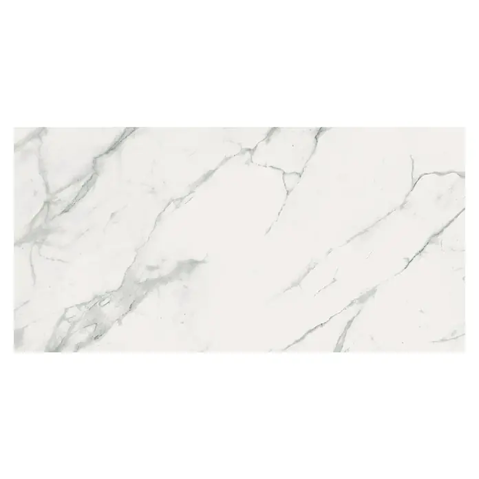 Feinsteinzeugfliese Calacatta Marble - 59,8 x 119,8 cm, Weiß, Matt - Detailaufnahme einer weißen Marmorfliese mit zarten grauen Adern, ideal für elegante Innenräume und hochwertige Oberflächengestaltung.