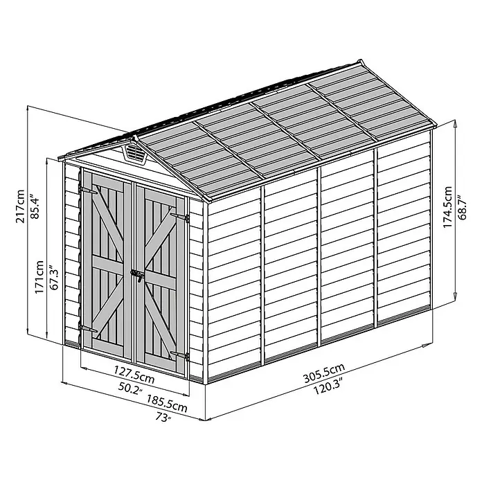 Palram – Canopia Gerätehaus Skylight 6x10 Tan - Außenmaß inkl. Dachüberstand (B x T): 185 x 304 cm, Kunststoff, Beige/Braun - Eine schematische Darstellung eines Gartenschuppens mit Maßangaben in Zentimetern und Zoll für Höhe, Breite und Tiefe.