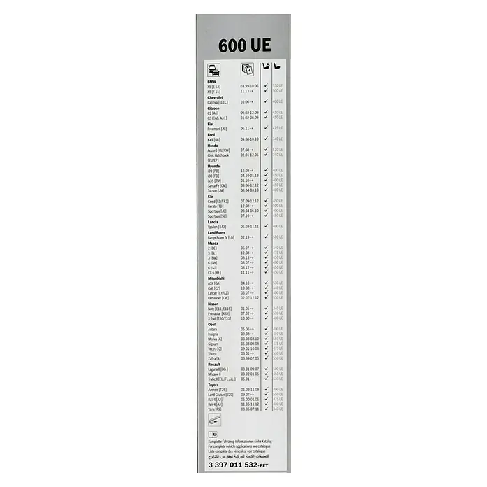 Bosch Scheibenwischer ECO - Länge: 600 mm, Naturmaterialien, 600 UE - Produktbild mit Fahrzeuganwendungsliste für den 600 UE Scheibenwischer.