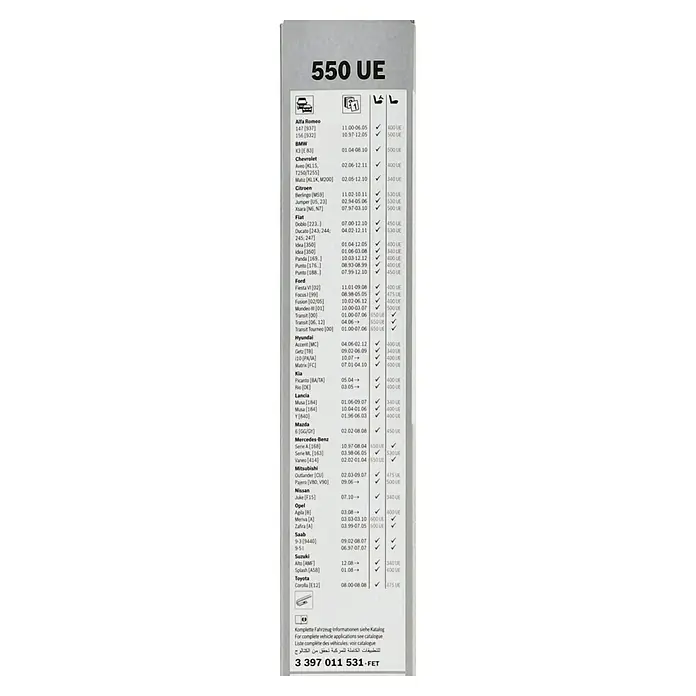 Bosch Scheibenwischer ECO - Länge: 550 mm, Naturmaterialien, 550 UE - Produktbild mit Informationen zu 550 UE Scheibenwischern für verschiedene Automodelle und Baujahre.