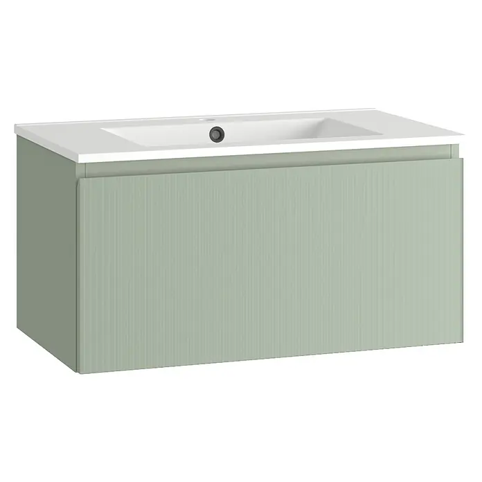 Mueble bajo de lavabo Cristal - L x An x Al: 45 x 80 x 40 cm, Verde atlántico, Número de cajones: 1 ud. - Imagen de un mueble de baño verde salvia con frente acanalado y un lavabo blanco con tapón de desagüe redondo y oscuro.