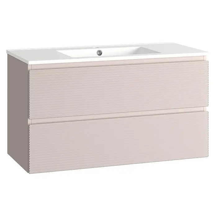 Mueble bajo de lavabo Cristal 2 cajones - L x An x Al: 45 x 100 x 60 cm, Rosa, Número de cajones: 2 ud. - Un moderno mueble de baño en rosa suave con dos cajones y un lavabo blanco. Mueble de baño elegante para baños con estilo.