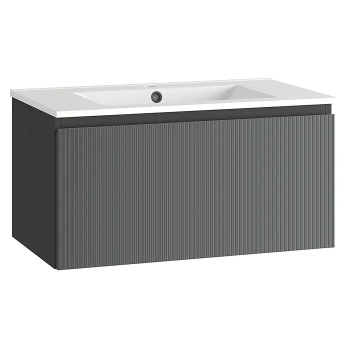 Mueble bajo de lavabo Cristal - L x An x Al: 45 x 80 x 40 cm, Negro, Número de cajones: 1 ud. - Armario con lavabo blanco. El mueble del lavabo es gris oscuro y tiene una superficie ondulada. Diseño contemporáneo para el baño.