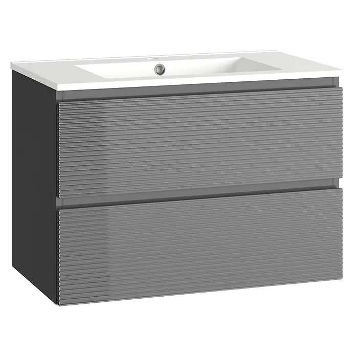 Mueble bajo de lavabo Cristal 2 cajones - L x An x Al: 45 x 80 x 60 cm, Negro, Número de cajones: 2 ud. - Elegante lavabo de baño con dos cajones y un frontal acanalado moderno. El lavabo es de un blanco sencillo.