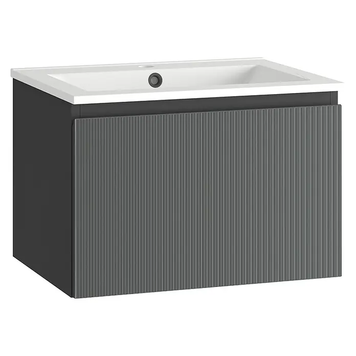 Mueble bajo de lavabo Cristal - L x An x Al: 45 x 60 x 40 cm, Negro, Número de cajones: 1 ud. - Un elegante lavabo de baño con una pila blanca y un mueble con un frontal gris con nervaduras verticales. Diseño moderno para cualquier baño.