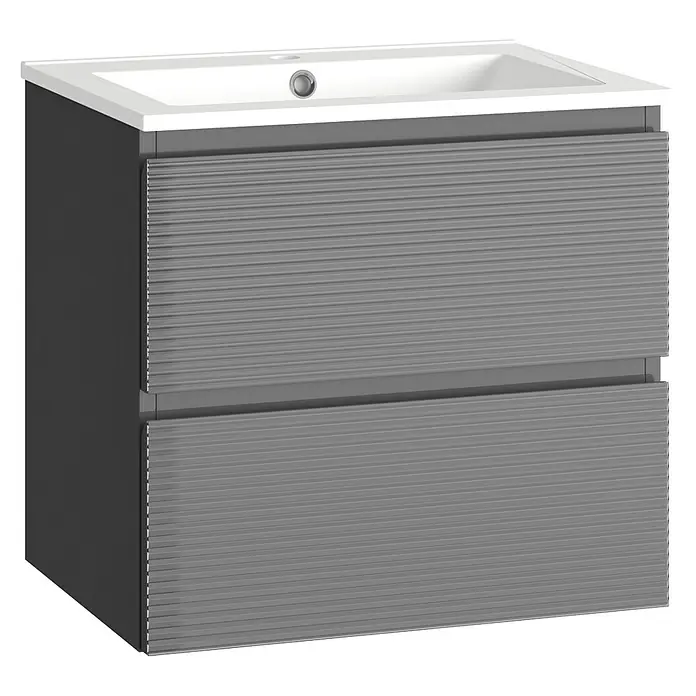Mueble bajo de lavabo Cristal 2 cajones - L x An x Al: 45 x 60 x 60 cm, Negro, Número de cajones: 2 ud. - Un moderno mueble de lavabo gris con dos cajones y un lavabo blanco. Elegante mueble de baño.