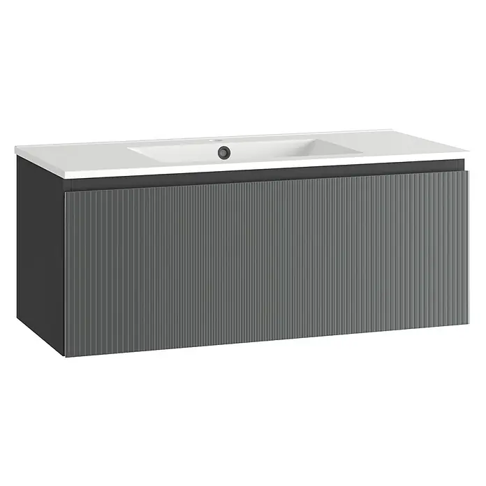 Mueble bajo de lavabo Cristal - L x An x Al: 45 x 100 x 40 cm, Negro, Número de cajones: 1 ud. - Mueble de baño moderno en antracita con frente ranurado y lavabo sobre encimera blanco. Mobiliario elegante para un baño sofisticado.