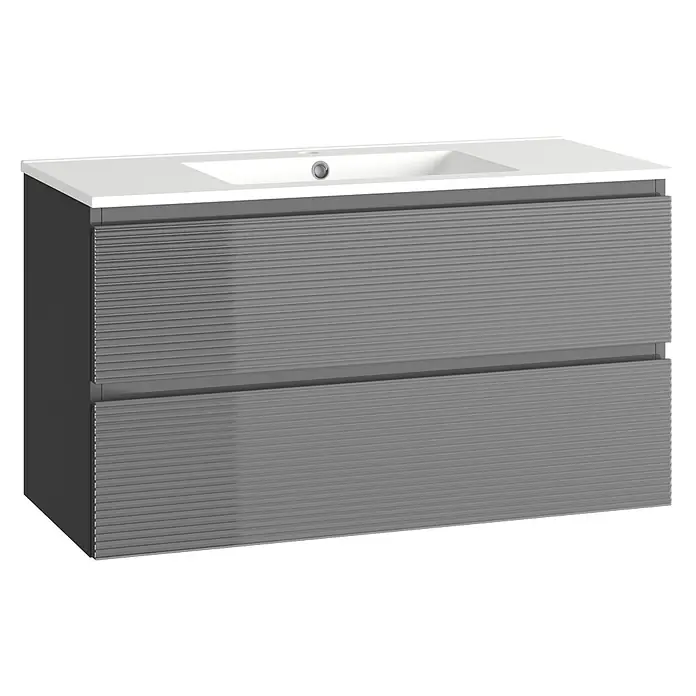 Mueble bajo de lavabo Cristal 2 cajones - L x An x Al: 45 x 100 x 60 cm, Negro, Número de cajones: 2 ud. - Mueble de lavabo gris con dos cajones y lavabo sobre encimera blanco. Mueble de baño moderno para un diseño elegante y funcional.