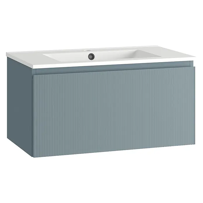 Conjunto de mueble de baño Cristal - Ancho: 80 cm, Azul, 3 pzs., Número de cajones: 1 ud. - Mueble de lavabo gris con lavabo blanco y un diseño acanalado moderno, que ofrece un punto focal elegante para cualquier baño.