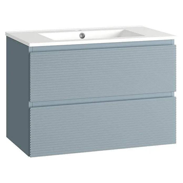 Conjunto de mueble de baño Cristal - Azul, 3 pzs. - Un moderno mueble de baño azul con dos cajones y un lavabo blanco. Ideal para baños con diseño moderno y elegante.