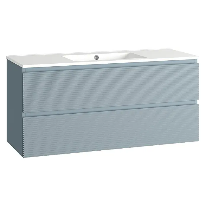Conjunto de mueble de baño Cristal - Ancho: 120 cm, Azul, 3 pzs., Número de cajones: 2 ud. - Un mueble de baño azul claro con dos cajones y un lavabo blanco. Los cajones tienen un diseño acanalado.