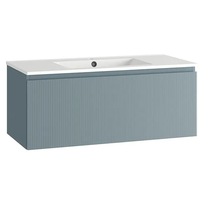 Conjunto de mueble de baño Cristal - Ancho: 100 cm, Azul, 3 pzs., Número de cajones: 1 ud. - Mueble de baño moderno con lavabo y frontal acanalado en color azul grisáceo, ideal para un ambiente elegante en el baño.