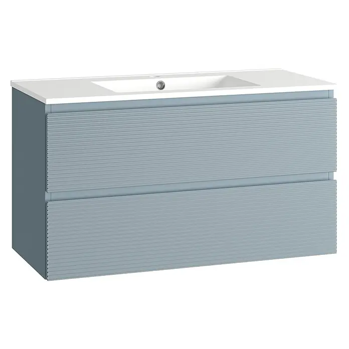 Conjunto de mueble de baño Cristal - Ancho: 100 cm, Azul, 3 pzs., Número de cajones: 2 ud. - Mueble de baño moderno con dos cajones y lavabo blanco para un ambiente elegante.