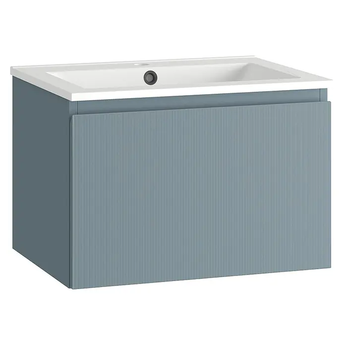 Conjunto de mueble de baño Cristal - Ancho: 60 cm, Azul, 3 pzs., Número de cajones: 1 ud. - Elegante mueble de baño gris azulado con lavabo blanco y desagüe central, ideal para un diseño de baño moderno y funcional.