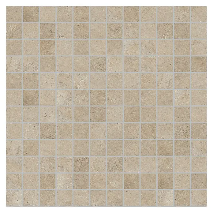 RAK Ceramics Valdi Mosaikfliese - 30 x 30 cm, Beige, Matt - Nahaufnahme von hellbeigen Mosaikfliesen mit subtilen Marmorierungen, ideal für Badezimmer oder Küchen.