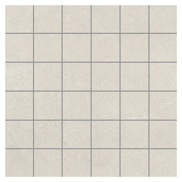 RAK Ceramics Valdi Mosaikfliese - 30 x 30 cm, White, Matt - Ein Quadratraster aus beigen Keramikfliesen mit grauen Fugenlinien, ideal für Badezimmer oder Küchen, zeigt eine moderne und saubere Ästhetik.