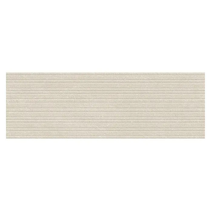 Wandfliese Manresa Lines - 39,8 x 119,8 cm, Ivory, Matt - Nahaufnahme einer strukturierten, horizontal gerippten Wandfliese in Beige. Ideal für moderne Raumgestaltung mit Textur.