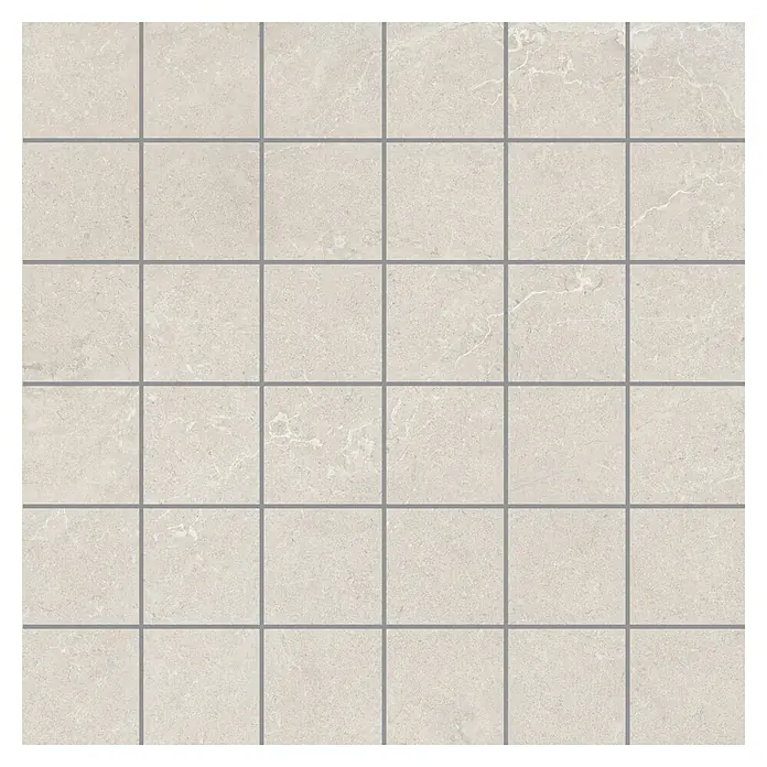 RAK Ceramics Valdi Mosaikfliese - 30 x 30 cm, White, Matt - Quadratische Fliesen in einem hellen Farbton, mit grauen Fugenlinien, die ein gleichmäßiges Muster bilden. Ideal für moderne Innenräume.