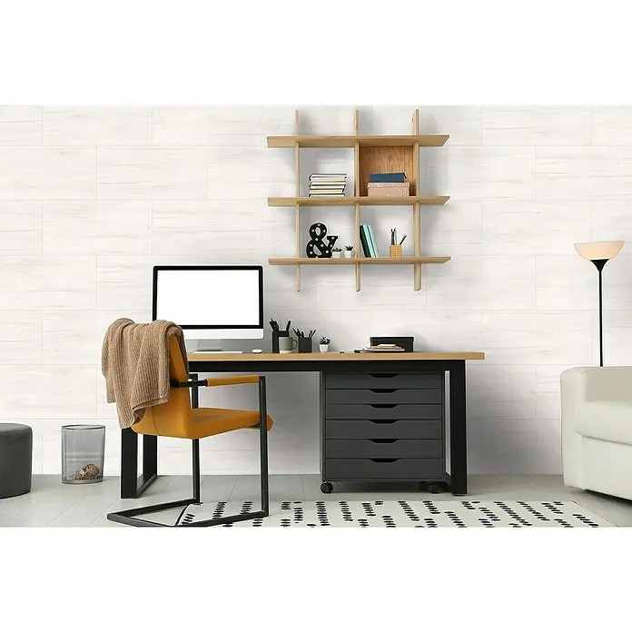 Panel de pared Barideck roble - 9 ud., 78 x 39 cm, Beige - Luminoso y moderno espacio de oficina en casa con escritorio, estantería y silla amarilla. El enfoque está en el espacio de trabajo elegante y funcional con detalles de madera.