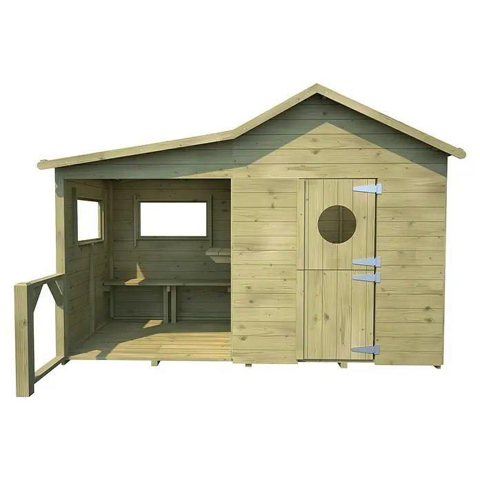 Soulet Spielhaus Hacienda - L x B x H: 243 x 125 x 175 cm, Holz, Natur - Holzspielhaus mit Fenster und Tür mit rundem Fenster. Das Spielhaus ist ideal für Kinder zum Spielen und Spaß haben im Freien.
