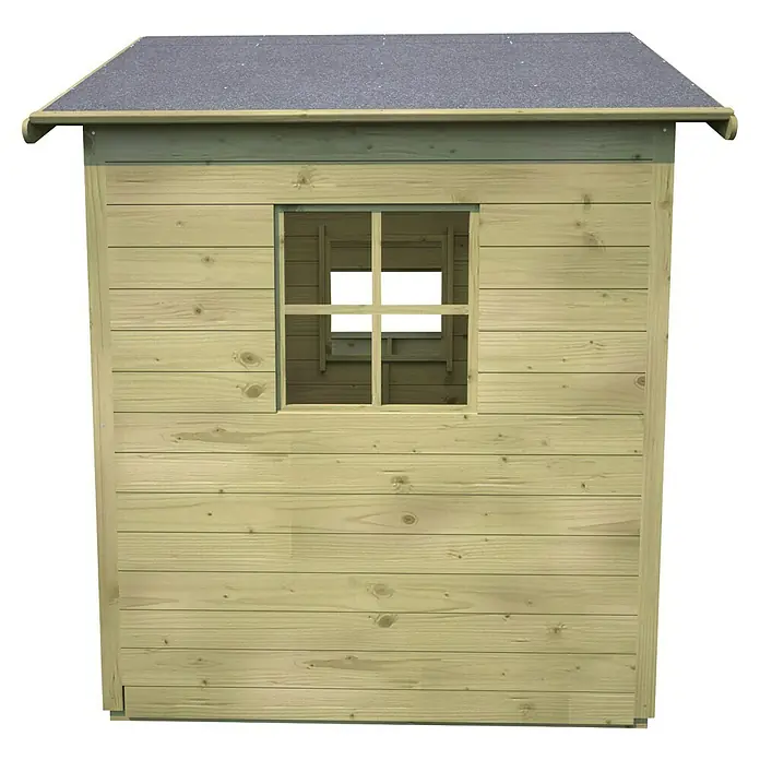 Soulet Spielhaus Hacienda - L x B x H: 243 x 125 x 175 cm, Holz, Natur - Nahaufnahme eines Holzspielhauses mit Fenster und graubraunem Dach. Das Haus ist hell gefärbt und hat eine einfache Bauweise.
