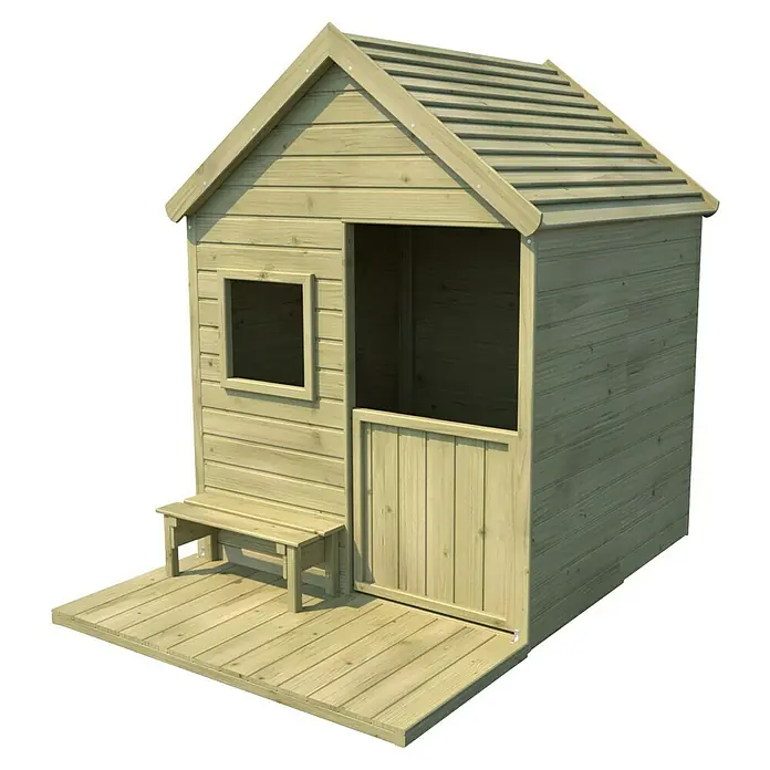 Soulet Spielhaus Heidi - L x B x H: 169 x 123 x 158 cm, Holz, Natur - Ein helles Holzspielhaus mit einer kleinen Veranda und einer Bank davor, ideal für Kinder zum Spielen im Garten.