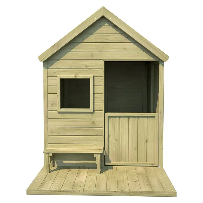 Soulet Spielhaus Heidi - L x B x H: 169 x 123 x 158 cm, Holz, Natur - Ein hölzernes Kinderspielhaus mit Fenster, Bank und überdachter Veranda, ideal zum Spielen im Freien.