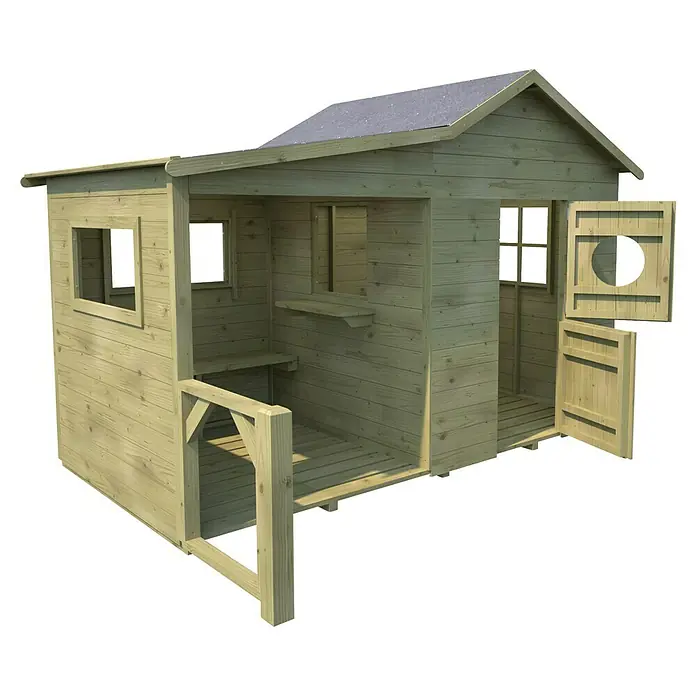 Soulet Spielhaus Hacienda - L x B x H: 243 x 125 x 175 cm, Holz, Natur - Holzspielhaus mit offenem Design, ideal für Kinder zum Spielen im Garten. Mit Tür, Fenstern und kleiner Veranda.