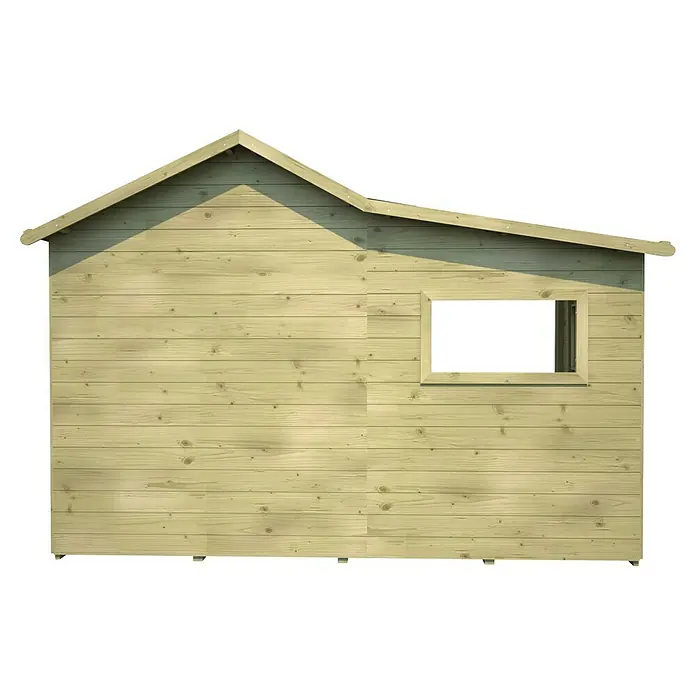 Soulet Spielhaus Hacienda - L x B x H: 243 x 125 x 175 cm, Holz, Natur - Außenansicht eines Holzschuppens mit Fenster. Perfekt für Gartenwerkzeug und mehr!