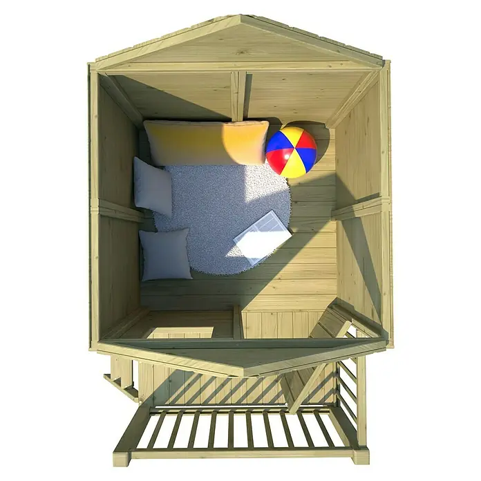 Soulet Spielhaus Winny - L x B x H: 155 x 175 x 210 cm, Holz, Natur - Ansicht von oben auf ein hölzernes Spielhaus mit Kissen, Teppich, Ball und Buch.