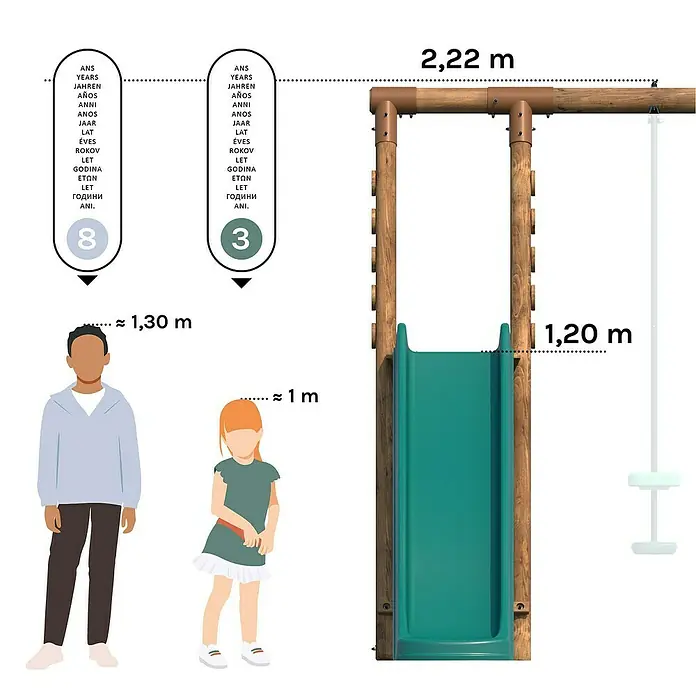Soulet Schaukel Violette - B x L: 323 x 323 cm, Holz - Illustration eines Spielplatzes mit Rutsche, Schaukel und Altersangaben, ideal für Kinder ab 3 Jahren.