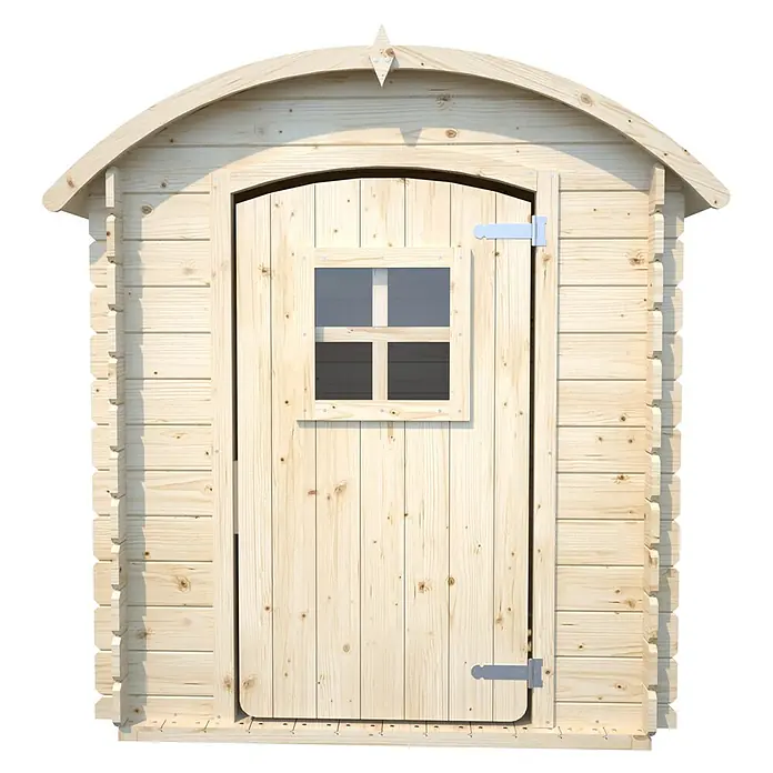 Soulet Spielhaus Patty - L x B x H: 133 x 108 x 145 cm, Holz - Detailaufnahme eines Holzgartenhauses mit Tür und Fenster, das eine rustikale und natürliche Ästhetik vermittelt.