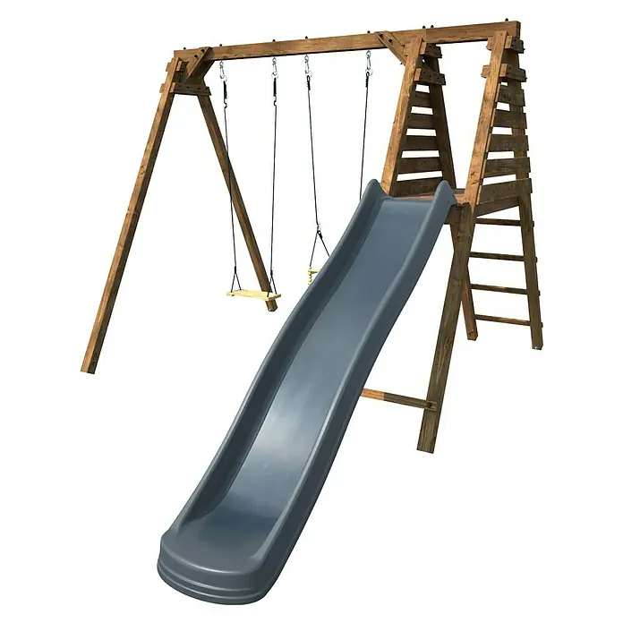 Soulet Kletterschaukel Prune - L x B x H: 351 x 261 x 224 cm, Holz - Abbildung eines Spielturms mit Schaukel und Rutsche, ideal für den Garten. Das Holzdesign und die graue Rutsche fügen sich gut in jeden Außenbereich ein.