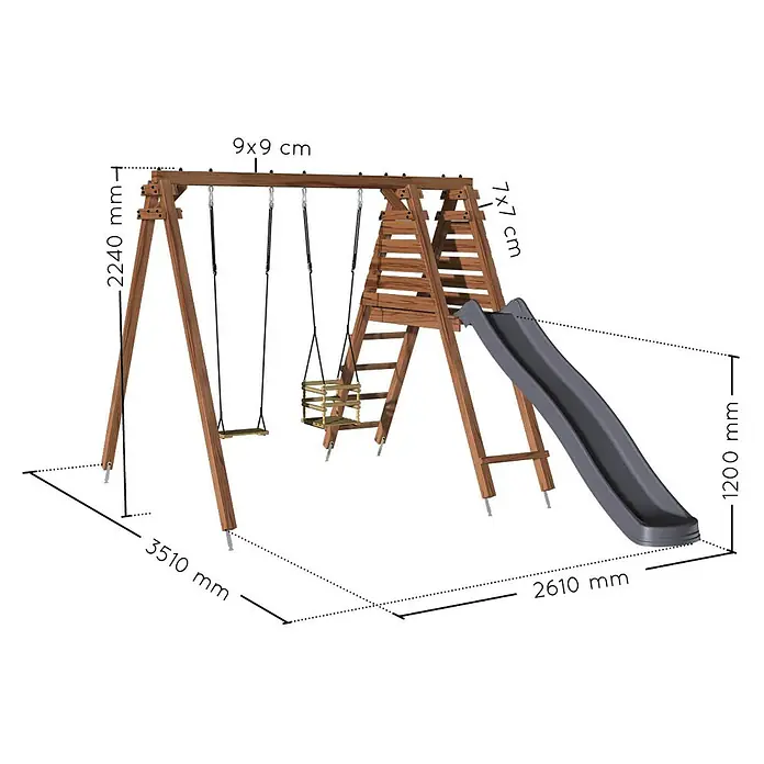 Soulet Kletterschaukel Prune - L x B x H: 351 x 261 x 224 cm, Holz - Abbildung eines Spielturms mit Schaukel und Rutsche, inklusive Maßangaben für Höhe, Breite und Balkenstärke.