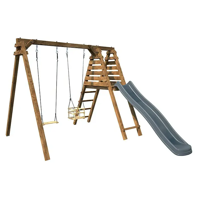 Soulet Kletterschaukel Prune - L x B x H: 351 x 261 x 224 cm, Holz - Ein hölzernes Spielplatz-Set mit Schaukeln, einer Rutsche und einer Kletterstruktur. Ideal für stundenlangen Spaß im Freien für Kinder.