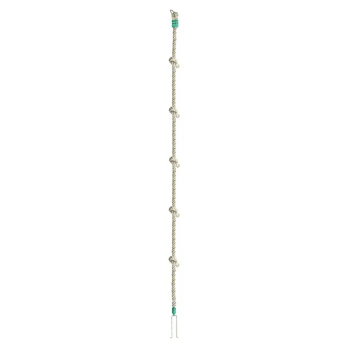 Soulet Kletterseil - Länge: 240 cm - Eine lange, cremefarbene Seil-Hängeleiter mit Sprossen, die mit einem auffälligen grünen Material an den Enden zusammengehalten werden.
