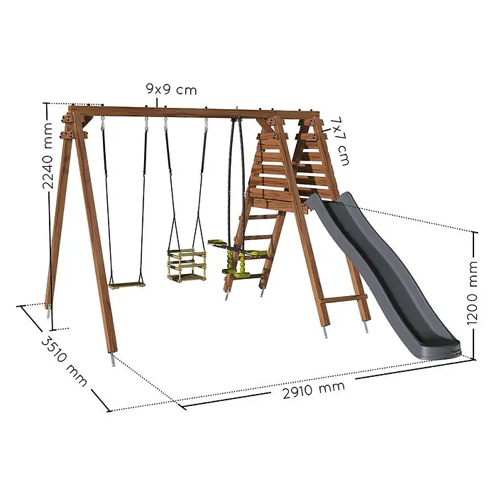 Soulet Schaukel Trefle - B x L: 351 x 291 cm, Holz - Abbildung eines Kinderspielplatzes mit Schaukel, Rutsche und Klettergerüst mit Größenangaben.