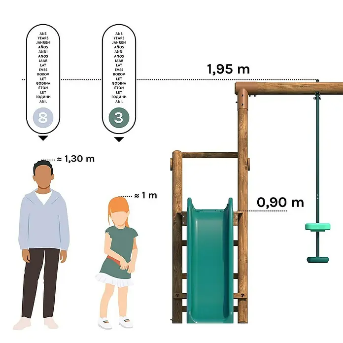 Soulet Schaukel Murier - B x L: 283 x 243 cm, Holz - Abbildung eines Spielplatzes mit Rutsche und Schaukel, Größenangaben für Kinder von 3 bis 8 Jahren und Maße des Spielgeräts.