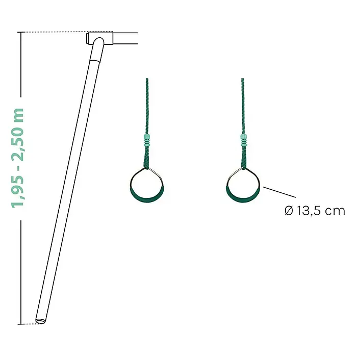 Soulet Turnring-Set - Grün - Abbildung eines Turnreck mit einer Höhe von 1,95 bis 2,50 m und Turnringe mit einem Durchmesser von 13,5 cm für den Garten.